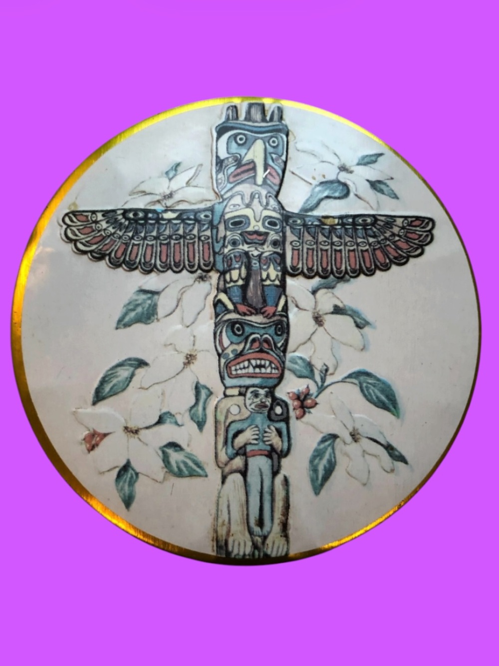Vintage Indigenous Totem Pole Art Painted Metal Trinket Tin